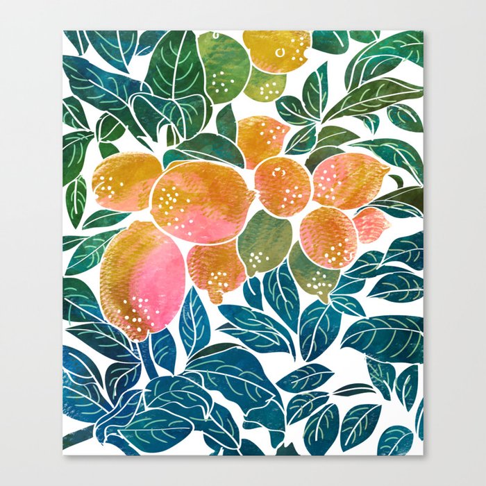 Lemons | Watercolor Modern Boho Botanical Painting | Pastel Summer Jungle Garden Juicy Fresh Canvas Print