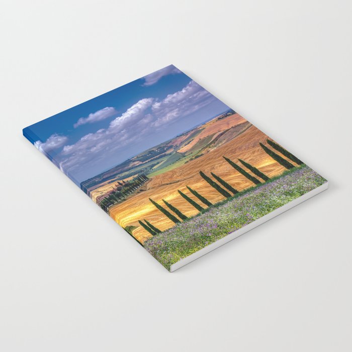 Cypress trees and meadow with typical tuscan house Notebook
