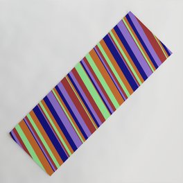 [ Thumbnail: Colorful Brown, Green, Chocolate, Blue, and Purple Colored Lined Pattern Yoga Mat ]