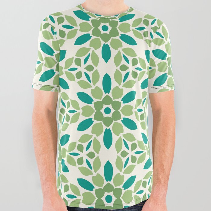 Green Floral Geometry All Over Graphic Tee
