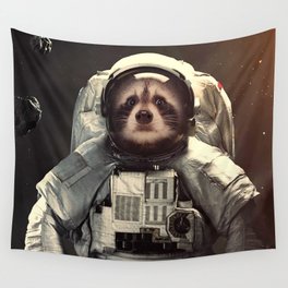 raccoon astronaut in the universe Wall Tapestry