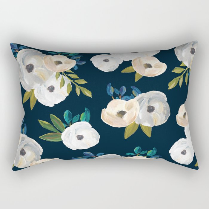 Midnight Florals - Blue & Cream Rectangular Pillow