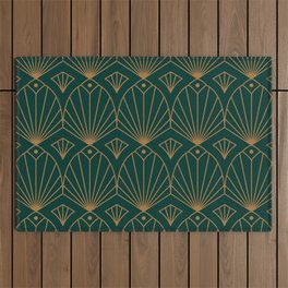 Art Deco Emerald Green & Gold Pattern Outdoor Rug