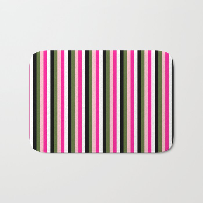Colorful Deep Pink, Pink, Dark Olive Green, Black, and White Colored Lined Pattern Bath Mat