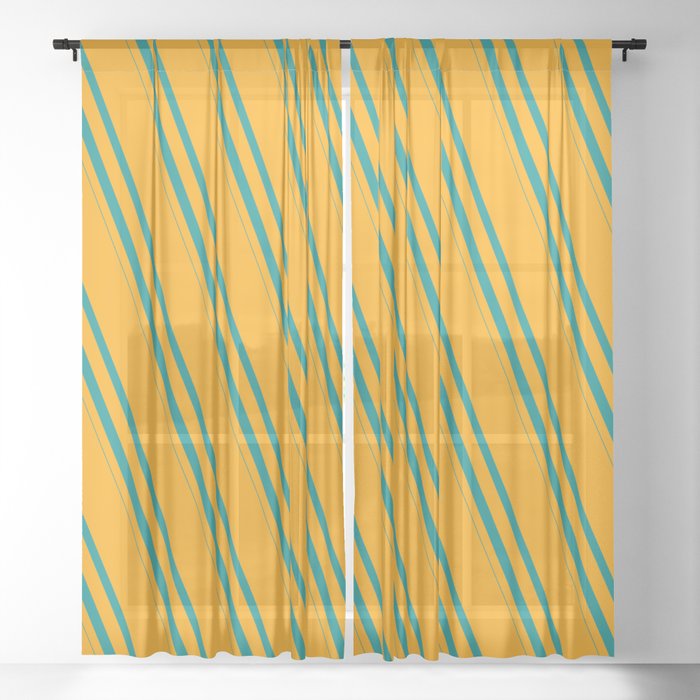 Orange and Dark Cyan Colored Striped/Lined Pattern Sheer Curtain