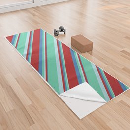 [ Thumbnail: Powder Blue, Aquamarine, Blue, and Red Colored Lined/Striped Pattern Yoga Towel ]