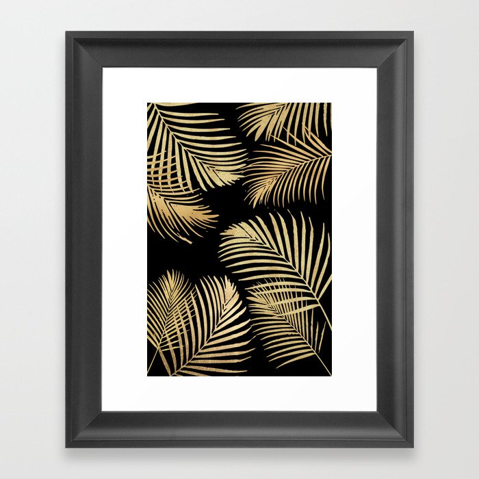 Gold Palm Leaves on Black Framed Art Print