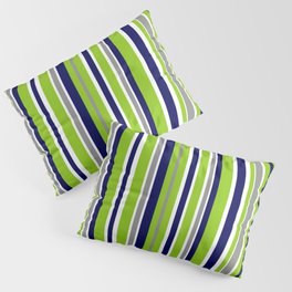 Lime Green Bright Navy Blue Gray and White Vertical Stripes Pattern Pillow Sham