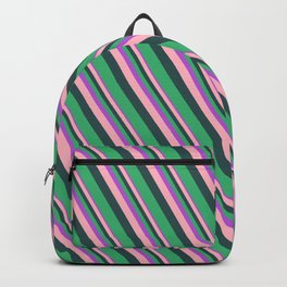 [ Thumbnail: Orchid, Light Pink, Dark Slate Gray, and Sea Green Colored Lines/Stripes Pattern Backpack ]