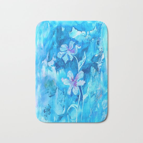 Blue encaustic flowers Bath Mat