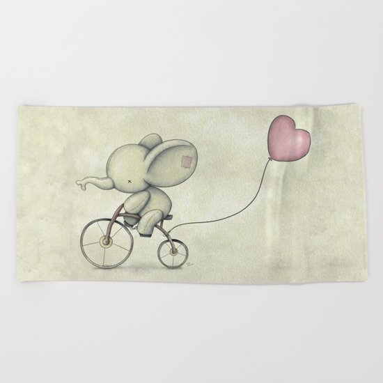 Cute Elephant riding his bike Beach Towel