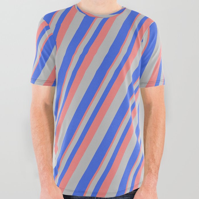 Light Coral, Grey, and Royal Blue Colored Striped/Lined Pattern All Over Graphic Tee