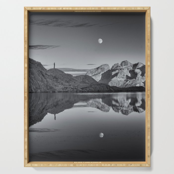 Moon shadow; reflection of the twilight moon on lake natural wonder black and white photograph - photography - photographs for home and wall decor Serving Tray