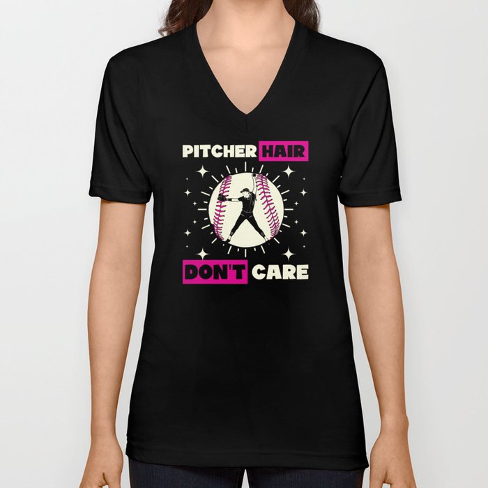 Pitcher Hair Don't Care Softball Girl V Neck T Shirt