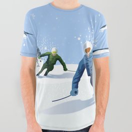 Skiing with Snowman All Over Graphic Tee