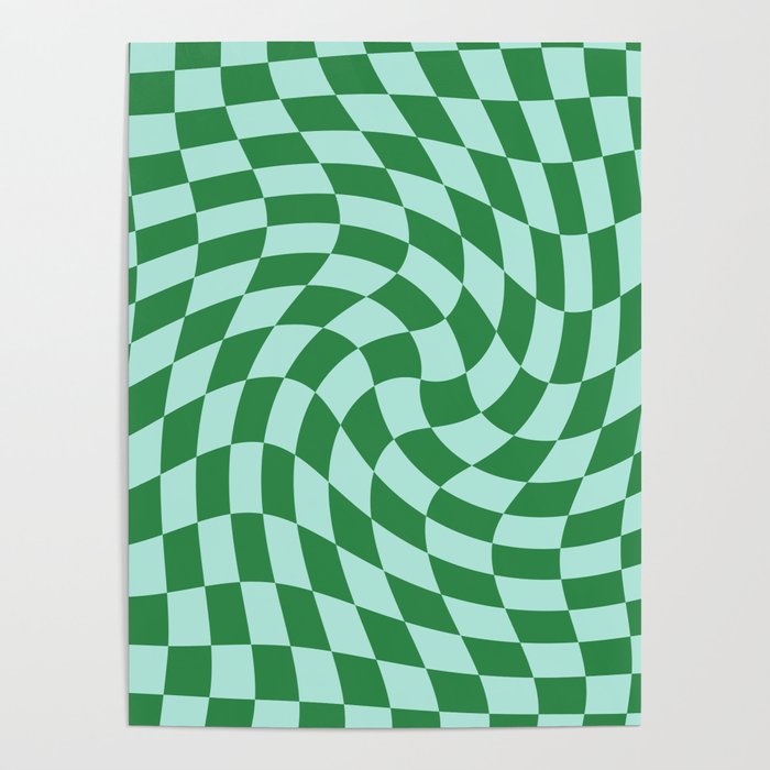 Blue and green warped check retro pattern Poster