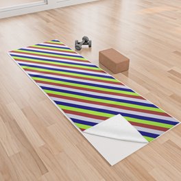 [ Thumbnail: Light Green, Brown, Lavender & Blue Colored Stripes/Lines Pattern Yoga Towel ]