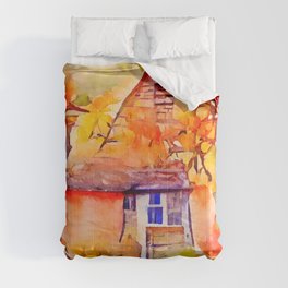AUTUMN COTTAGE Whimsical Rustic Fall Season Pumpkin Country House Watercolor Painting Comforter
