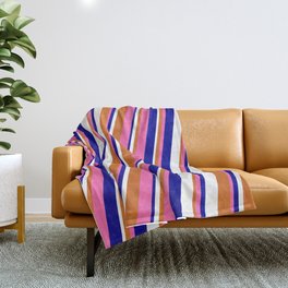[ Thumbnail: Hot Pink, Dark Blue, White, and Chocolate Colored Lines Pattern Throw Blanket ]