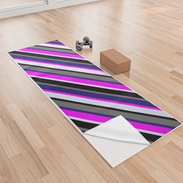 [ Thumbnail: Colorful Fuchsia, Lavender, Black, Dim Grey & Midnight Blue Colored Stripes/Lines Pattern Yoga Towel ]