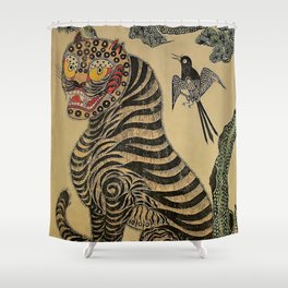 Striped Vintage Minhwa Tiger and Magpie Shower Curtain