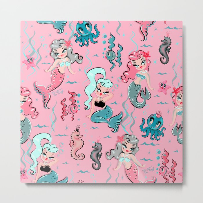 Babydoll Mermaids on Pink Metal Print