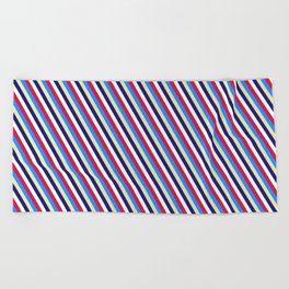 [ Thumbnail: Eye-catching Crimson, Blue, Pale Goldenrod, Midnight Blue & White Colored Striped Pattern Beach Towel ]