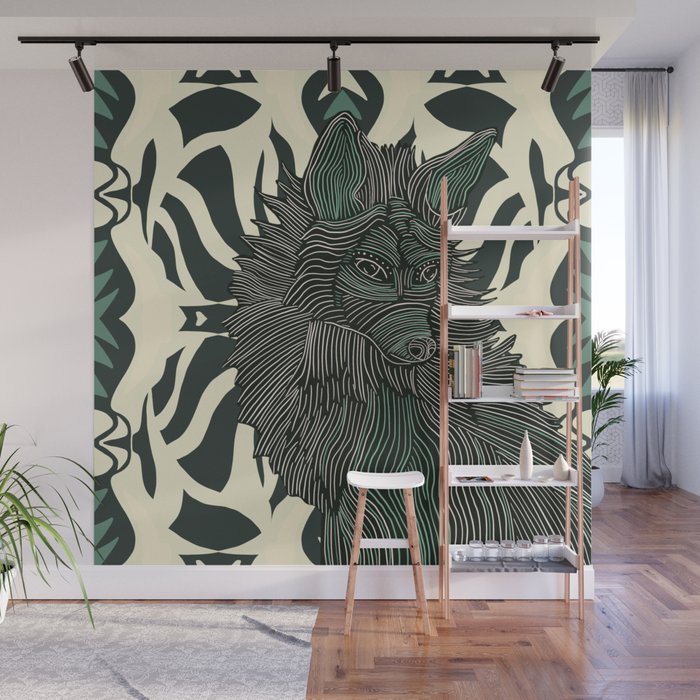 Beautiful decorated fox sitting on a green patterned background Wall Mural