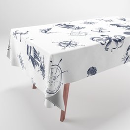 Navy Blue Silhouettes Of Vintage Nautical Pattern Tablecloth