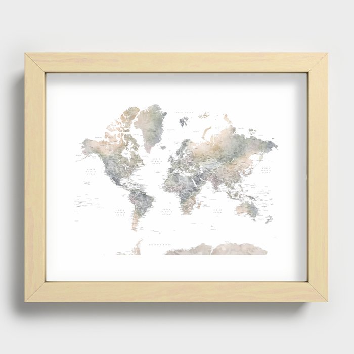 Habiki detailed world map with Antarctica Recessed Framed Print