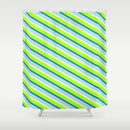 [ Thumbnail: Light Green, Teal, Powder Blue & Mint Cream Colored Stripes/Lines Pattern Shower Curtain ]