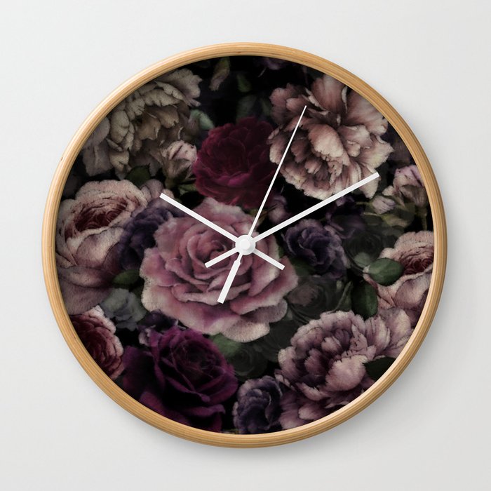 Roses In Burgundy And Pink Vintage Botanical Midnight Emo Garden Flowers Wall Clock