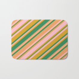 [ Thumbnail: Goldenrod, Sea Green, Brown, and Pink Colored Striped/Lined Pattern Bath Mat ]