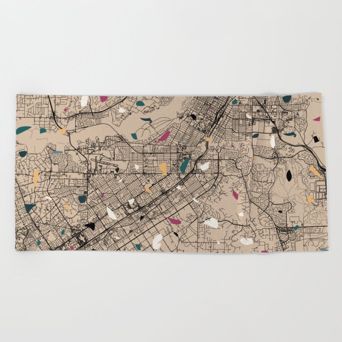 USA Riverside City Map - Beige Terrazzo Collage Beach Towel
