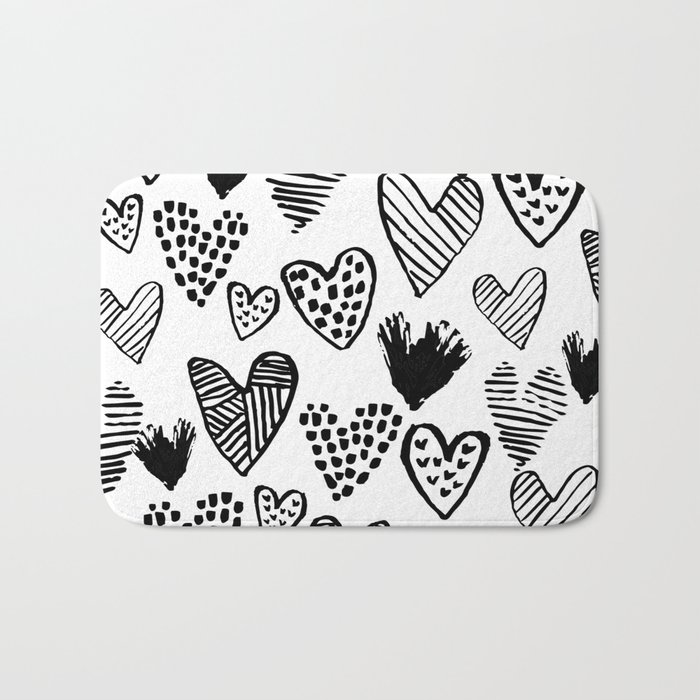 Hearts black and white hand drawn minimal love valentines day pattern gifts decor Bath Mat