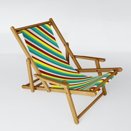[ Thumbnail: Vibrant Yellow, Light Sea Green, Teal, Beige & Dark Red Colored Lined Pattern Sling Chair ]