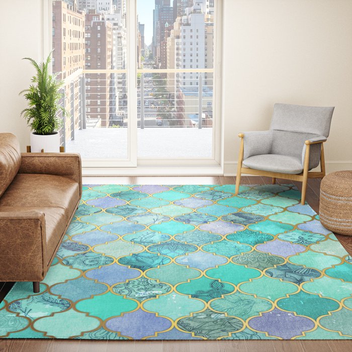 Cool Jade & Icy Mint Decorative Moroccan Tile Pattern Rug by