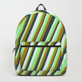 [ Thumbnail: Green, Dark Goldenrod, Dark Slate Gray & Mint Cream Colored Lines/Stripes Pattern Backpack ]