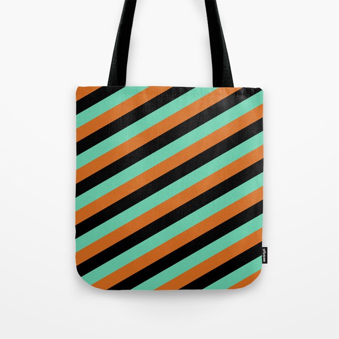Black, Aquamarine, and Chocolate Colored Pattern of Stripes Tote Bag