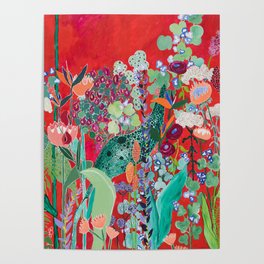Red floral Jungle Garden Botanical featuring Proteas, Reeds, Eucalyptus, Ferns and Birds of Paradise Poster