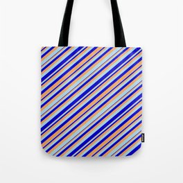 [ Thumbnail: Brown, Light Blue, and Blue Colored Lines Pattern Tote Bag ]