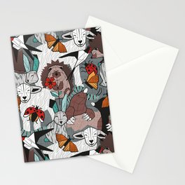 Geo spring animal party // green grey linen texture background brown aqua mint orange and neon red details Stationery Card