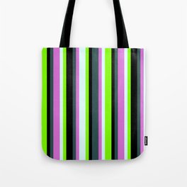 [ Thumbnail: Dark Slate Gray, Orchid, Light Cyan, Chartreuse & Black Colored Lines/Stripes Pattern Tote Bag ]