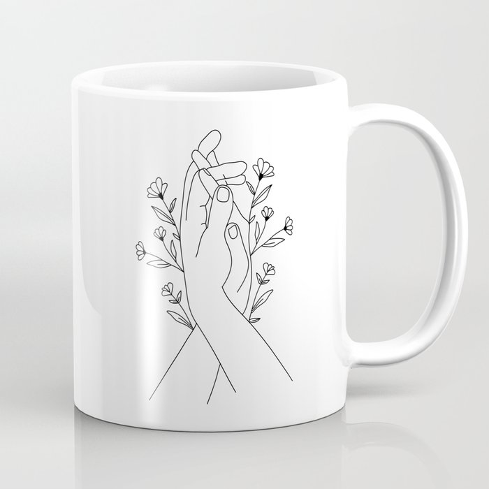 Hands Holding Flower Minimal Line Art Coffee Mug