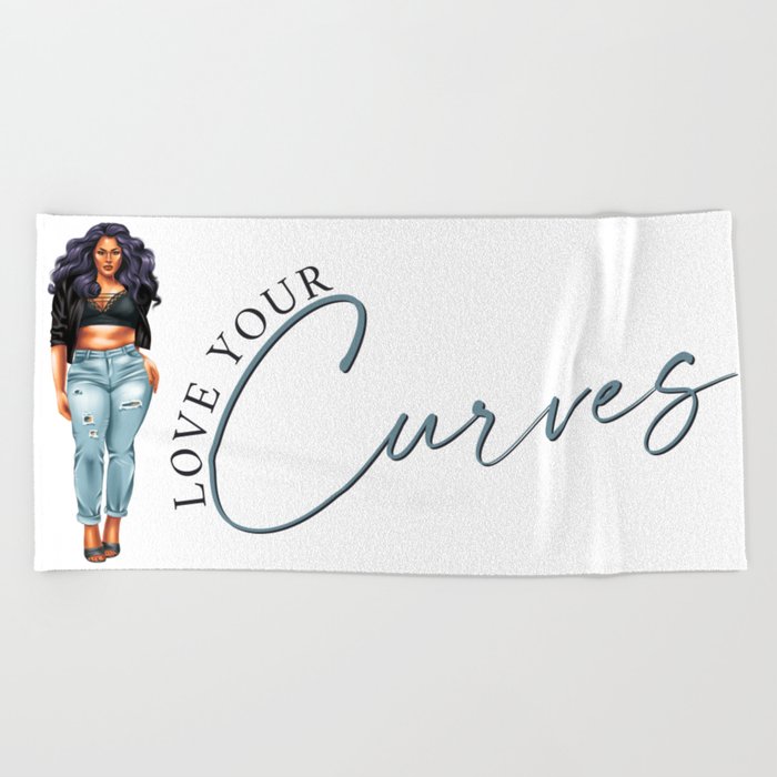 Love Your Curves Body Positivity Design - Curvy Girl Purple Hair Curved Text Beach Towel