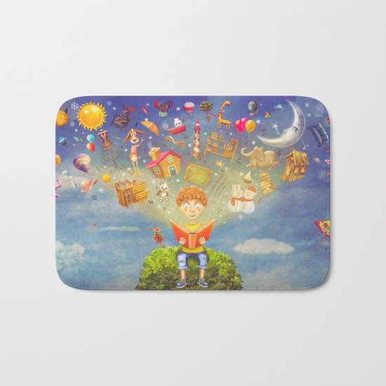 Little boy sitting on the tree and reading a book, objects flying out Bath Mat