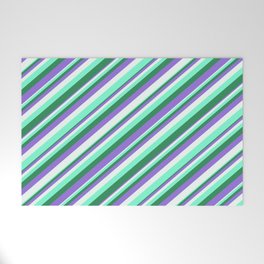 [ Thumbnail: Purple, Mint Cream, Aquamarine & Sea Green Colored Striped Pattern Welcome Mat ]