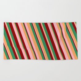 [ Thumbnail: Brown, Light Pink, Dark Red, and Sea Green Colored Lines/Stripes Pattern Beach Towel ]