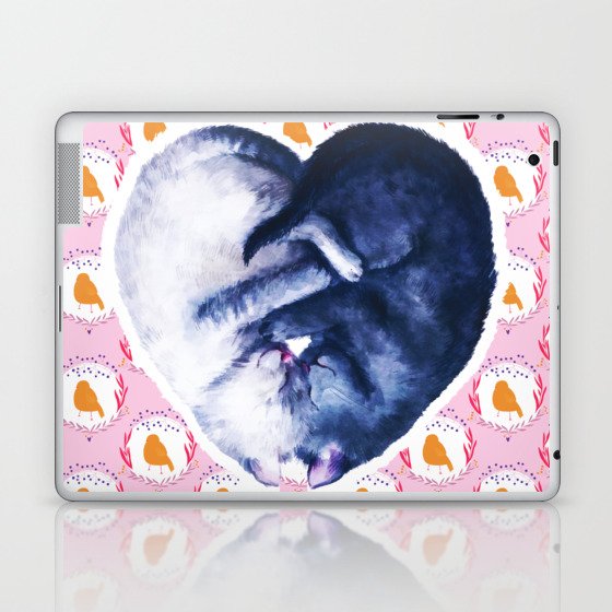 Black White Cat Bird Love Watercolor Laptop & iPad Skin