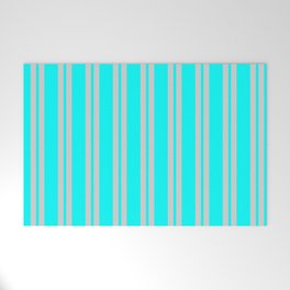 [ Thumbnail: Cyan & Light Gray Colored Pattern of Stripes Welcome Mat ]
